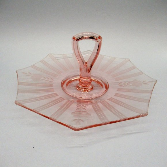 Pink Depression Glass Center Handle Octagon Tray Pastry Server Floral Etched - Picture 3 of 9